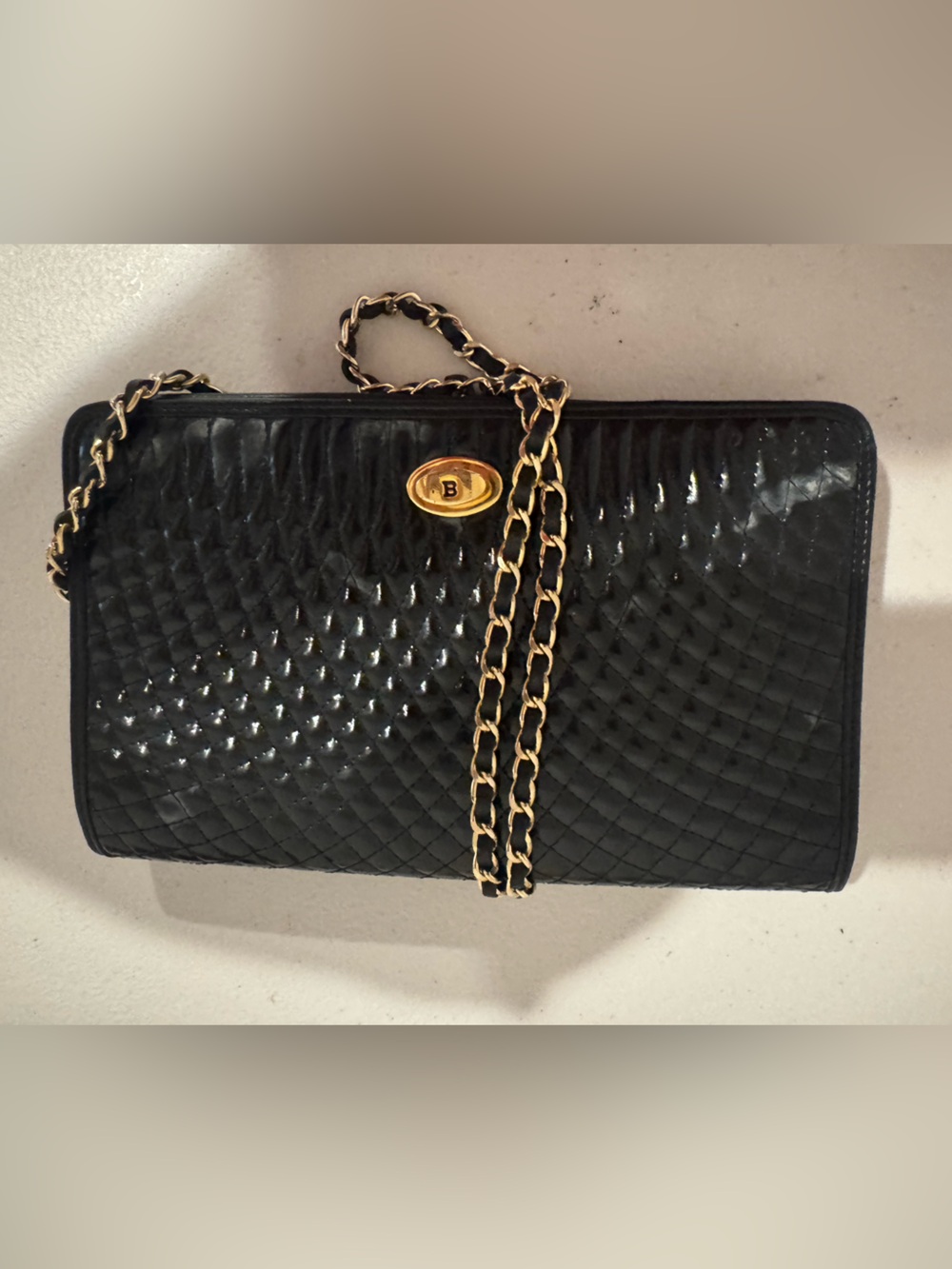 Vintage Bally Black Woven Leather Chain Crossbody Bag Made in Italy